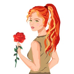 Green eyed redhead young lady with a rose. Beautiful woman with tied back orange colored hair isolated on white. Female sensual character with a scarlet flower in her hands.
