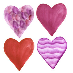 Watercolor set of the heart .Purple heart pattern.Sublimation, Art for print.Watercolor Hearts Isolated , Background. Heart clipart.