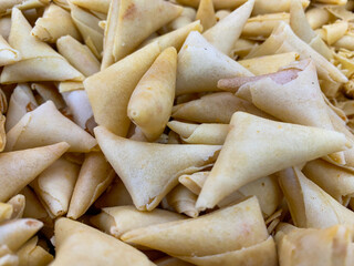 Ramadan iftar meal, called Samosa. Traditional Asian vegetarian food. Pastry for holiday.