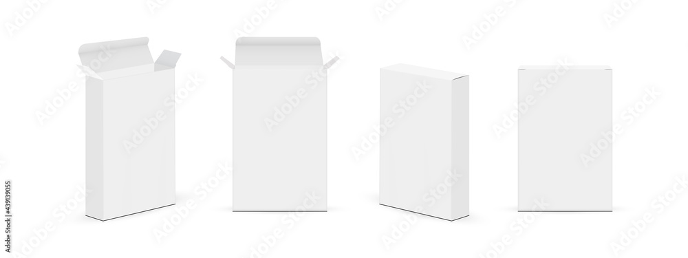 Poster set of slim paper rectangular boxes with various views, isolated on white background. vector illustr