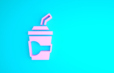 Pink Paper glass with drinking straw and water icon isolated on blue background. Soda drink glass. Fresh cold beverage symbol. Minimalism concept. 3d illustration 3D render