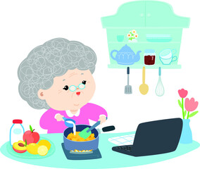 Happy grandmother is cooking food in her kitchen 
by using recipe from the internet vector illustration.
Learning cooking online from home. 