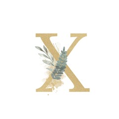 Alphabet X with watercolor leaves and twigs 