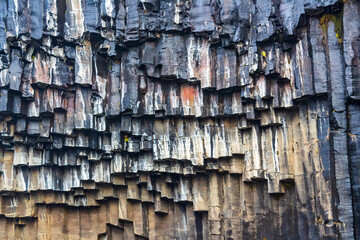 Closeup of the basalt rock of Svartifoss (black waterfall) in Vatnajökull National Park in Iceland

