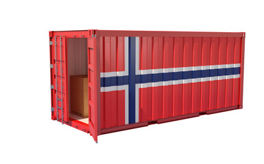 Freight Container with open door in Norway national flag design. Isolated on white. 3D Rendering