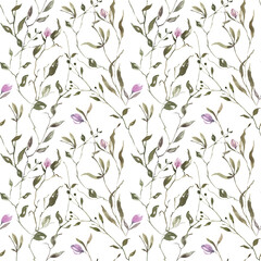 Hand drawn watercolor pattern. Pattern of leaves, wild herbs, flowers, field plants for textiles, napkins, scrapbooking, backgrounds, wallpapers, wrapping paper.