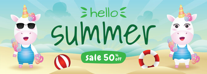 summer sale banner with a cute unicorn in beach