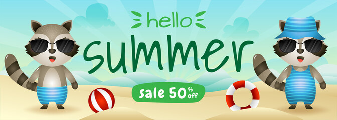 summer sale banner with a cute raccoon in beach © riko_design