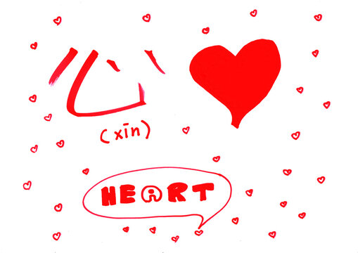 Hand writing of Chinese word with pinyin.In English language means Heart