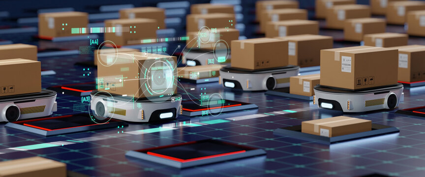 Concept of smart factory and 5G for industrial. Autonomous Robotic transportation or Automated guided vehicle systems(AGV) operating transfer box in automated warehouses.3d rendering and illustration