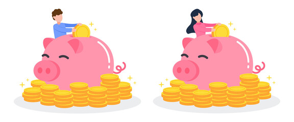Man and woman putting golden money coin into piggy bank with stack of coins. Creative financial concept of savings or investment. Trendy cute cartoon vector illustration. Flat style graphic icon.
