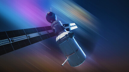global satellite system. Communication satellite on futuristic space background