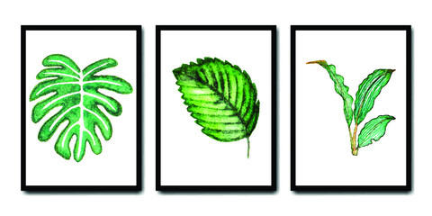 Hand drawn watercolor summer leaf set in different frames