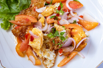 Spicy salad with fried eggs, Thai Spicy Food, Thai