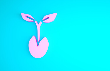 Pink Sprout icon isolated on blue background. Seed and seedling. Leaves sign. Leaf nature. Minimalism concept. 3d illustration 3D render