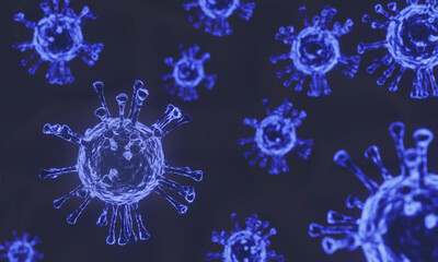 close up of corona virus or covid-19 3d rendering with blue tone in dark background.