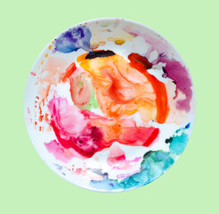 A palette of watercolor paints stains on a plate