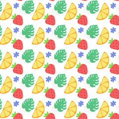 Colorful vector summer seamless pattern with fruits illustration isolated on colour background. Natural style. 