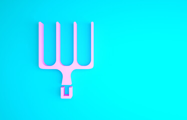 Fototapeta premium Pink Garden pitchfork icon isolated on blue background. Garden fork sign. Tool for horticulture, agriculture, farming. Minimalism concept. 3d illustration 3D render