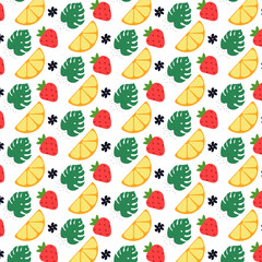 Fototapeta premium Colorful vector summer seamless pattern with fruits illustration isolated on colour background. Natural style. 