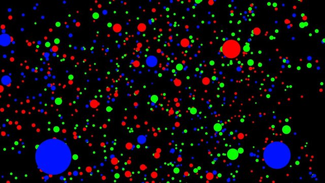 Red, green and blue dots is moving on black background