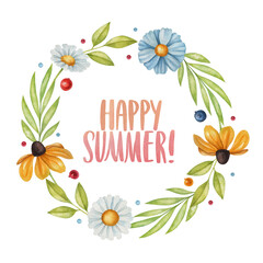 Happy summer. Watercolor summer composition with lettering phrase on the light background. Bright hand-painted illustration with flowers and leaves.