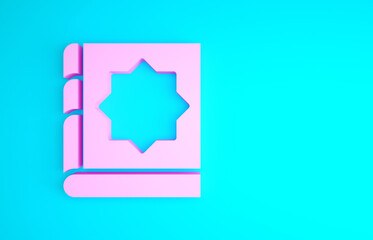 Pink Holy book of Koran icon isolated on blue background. Muslim holiday, Eid Mubarak, Eid al-fitr, Ramadan Kareem. Minimalism concept. 3d illustration 3D render