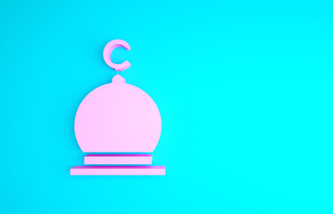 Pink Muslim Mosque icon isolated on blue background. Minimalism concept. 3d illustration 3D render