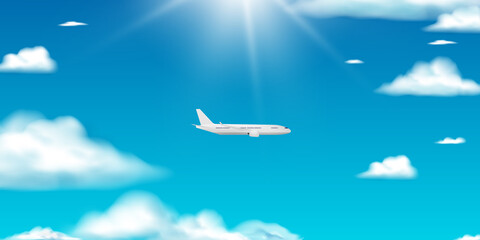 Fototapeta na wymiar Airplane aerial view paper art with beautiful background