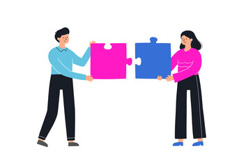 Obraz premium Teamwork and team building hand drawn vector illustration. People connecting puzzle elements. Cooperation, partnership. Business concept.