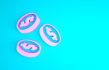Pink Coin money with dollar symbol icon isolated on blue background. Banking currency sign. Cash symbol. Minimalism concept. 3d illustration 3D render