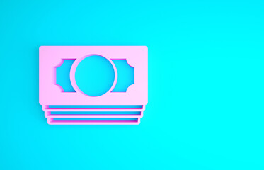 Pink Stacks paper money cash icon isolated on blue background. Money banknotes stacks. Bill currency. Minimalism concept. 3d illustration 3D render