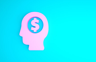 Pink Business man planning mind icon isolated on blue background. Human head with dollar. Idea to earn money. Business investment growth. Minimalism concept. 3d illustration 3D render