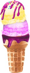 watercolor Ice craem cone Clipart with peurple and yellow scoop