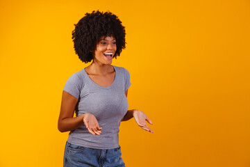  A woman screaming with her hands down, expressing surprise. promotion concept