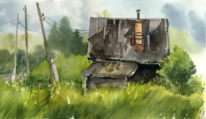 Foto op Canvas watercolor rural landscape with wooden house and green grass, hand drawn illustration © cat_arch_angel