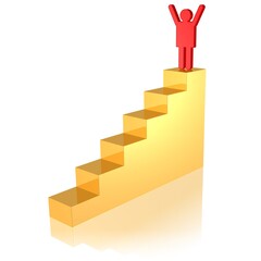 Gewinner in Siegerpose steht auf der obersten Stufe einer goldenen Treppe