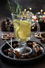 Winter  hot drink with spices and lemon, selective focus