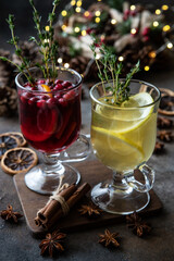 Winter  hot drink with spices and lemon, selective focus