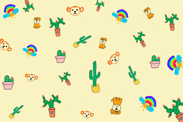  Illustration of cactus, dogs and monkeys pattern painting on yellow background