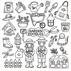 Cute gardening tools, flowers, plants, boy and girl gardener black lines doodles set with soft background and text