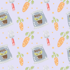 Cute gardening tools, fork, carrot, plants, soil or fertilizer bag seamless pattern on orange background