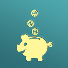 Piggy bank and and a dollar coin with drop is model made of paper art on the top on blue background, a saving or loan for planned investment in the future concept.