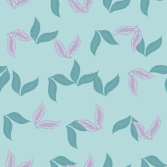 Forest seamless pattern with doodle abstract random leaf elements. Blue background. Greenery ornament.