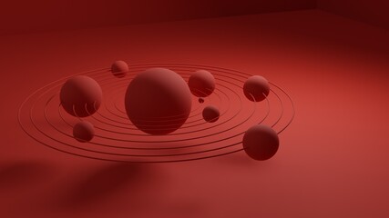 3d planets orbiting solar system on a red background - obrazy, fototapety, plakaty