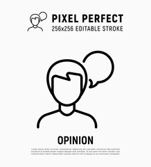 Customer feedback thin line icon. Man with speech bubble. Review, opinion. Pixel perfect, editable stroke. Vector illustration.
