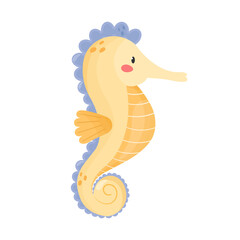Fototapeta premium Cute smiling seahorse isolated on white background. Cartoon style vector illustration. Sea animal, underwater wildlife. Adorable character for kids, nursery, print