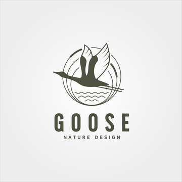 Flying Goose River Bank Logo Vector Symbol Illustration Design, Vintage Goose Logo Design