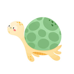Cute smiling turtle isolated on white background. Cartoon style vector illustration. Sea animal, underwater wildlife. Adorable character for kids, nursery, print

