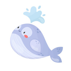 Netter lächelnder Wal, der Wasser spritzt. Cartoon-Stil-Vektor-Illustration isoliert auf weißem Hintergrund. Meerestier, Unterwasserwelt. Entzückender Charakter für Kinder, Kindergarten, Druck